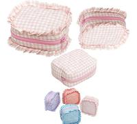 Ruffle Pouch Bag, Gingham Ruffle Makeup Bags with Lip Oil Keychain, Large Travel Cute Cosmetic Bag for Women Girls, Bridesmaid Gifts, Trendy Stuff (Pink Checkered)
