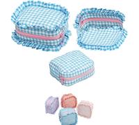 Ruffle Pouch Bag, Gingham Ruffle Makeup Bags with Lip Oil Keychain, Large Travel Cute Cosmetic Bag for Women Girls, Bridesmaid Gifts, Trendy Stuff (Blue Checkered)