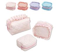 Ruffle Pouch Bag, Quilted RufflePouch Bag, Mini Ruffle Cosmetic Toiletry Bags, Large Travel Cute Cosmetic Bag for Women Girls (Pink)