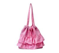Ruffle Tote Bag Gingham Layered Shoulder Purse Women Lace Trim Shoulder Bag Summer Simple Handbag Wear Resist Soft Ruffles Drawstring Handbag Floral Printed Travel Vacation Beach Bags