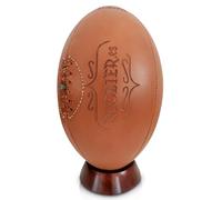 RUGBIER - Balón de Rugby Vintage de Piel + tee de Madera - Talla 5 - Regalo Decorativo de Coleccionista para Aficionados y Jugadores - Diseño Tradicional con Grabado Láser