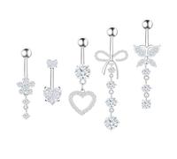 RUGBOL 5 barras para el ombligo, barra para el ombligo, barra para el ombligo de titanio, barra para el ombligo con forma de mariposa y corazón, de acero inoxidable para mujer (plateada)