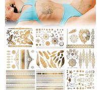 RUGBOL Pack de 9 Tatuajes Temporales, Plantillas de Tatuajes Falsos Brillantes Dorados para Mujeres, Niñas, Niños y Chicos, Manualidades DIY para Cara y Cuerpo (Estilo 2)