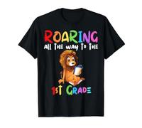 Rugiendo al León de 1er Grado Rugir Niños Volver a la Escuela Leones Camiseta gráfica económica, Hombre, Negro, M