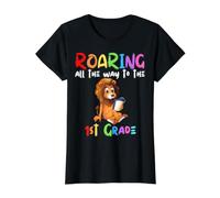 Rugiendo al León de 1er Grado Rugir Niños Volver a la Escuela Leones Camiseta gráfica económica, Mujer, Negro, XS