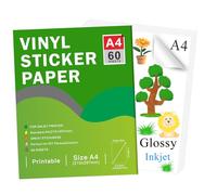 Ruibytree Papel Adhesivo de Vinilo Brillante Imprimible para Impresora de Inyección de Tinta - Tamaño A4 (297 x 210 mm) Blanco Brillante Autoadhesivo DIY Compatible con Cricut (60 hojas)