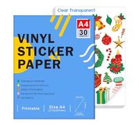 Ruibytree Papel Adhesivo de Vinilo Transparente Imprimible para Impresora de Inyección de Tinta - Tamaño A4 (297 x 210 mm) Translúcido DIY Autoadhesivo Compatible con Cricut,Colores Vivos (30 Hojas)