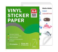 Ruibytree Papel Adhesivo Vinílico Mate Imprimible para Impresora de Inyección de Tinta - Tamaño A4 (297 x 210 mm) Blanco Mate DIY Vinilo Autoadhesivo Compatible con Cricut, Colores Vivos (60 hojas)