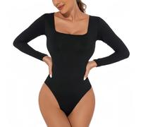 RuiChy Body de Manga Larga para Mujer, Sexy con Cuello Cuadrado Informal Leotardo Tops Tanga elástico Traje básico para el Cuerpo Mono Ajustado Ropa de Club Ropa Interior(Negro/L)
