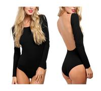 RuiChy Body para Mujeres Manga Larga Cuello Redondo Jumpsuit con Espalda al Aire Tops para Salir Body Suits Casual Ajustado Leotardo para Clubes(Negro/L)