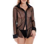 RuiChy Camisa Transparente Sexy para Mujer, Blusa Negra Top de Manga Larga, Camisa lencería con Botones, Camisas de Pijama Casuales Sueltas, negligeo da Camiseta Transparente para el Dormitorio