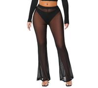 RuiChy Pantalones de Malla de Piernas Anchas para Mujer Pantalones Transparentes de Cobertura para Playa, Pantalones Negros de Cintura Alta Sheer Transparentes Acampanados para Fiesta L