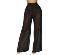 RuiChy Pantalones Transparentes para Mujeres Pantalones de Malla Sheer de Verano Bajo Alto Corte Holgado Casual Pantalones Anchos de Tapabikini Inferior Sexy Pantalones Club Fiesta Diaria(Negro/M)