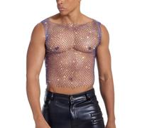 RuiChy Top de Red Corto para Hombres Chaleco Sexy con Lentejuelas Camisa Transparente sin Mangas Camiseta Manga Raglan con Corteo Ropa de Fiesta y Club para Festivales de Música y Raves(Azul/L)
