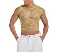 RuiChy Top de Red Corto para Hombres Chaleco Sexy con Lentejuelas Camisa Transparente sin Mangas Camiseta Manga Raglan con Corteo Ropa de Fiesta y Club para Festivales Música y Raves(Neon Verde/XL)