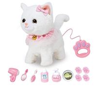 RuiDaXiang Gato de juguete de peluche con correa teledirigido, gato de compañía interactivo realista, que camina, ladra y cola ardiente, accesorios (gato blanco)