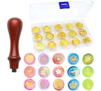 RUIJIE 15 Piezas Sello de Cera con 1 Mango de Madera Retro & 1 Caja de Almacenaje, Cabezal de Sello, Sello Lacre Kit, Cabezas de Sello de Lacre para sobre, Invitación, Adorno, Decoración de Regalo