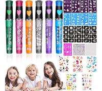 RUIJIE 26 PiezasTatuajes Temporales Rotuladores Niños Bolígrafos Infantiles Tattoo Purpurina, Pintar la Piel con 13Plantillas 5Luminosos, 2Pegatinas de Diamantes para Fiesta Halloween