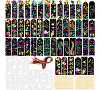 RUIJIE® 48 Pcs Papel de rascar para niños Papel de Rascar Manualidades niños Scratch Art para niños y 24 Piezas Cuerdas de Colores y 24 Piezas Lápices de Madera y 8 Patrones de Plantillas (104 pcs)