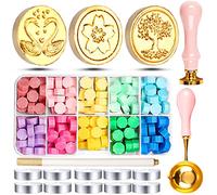 RUIJIE Kit de Sello de Lacre, 150 Perlas de Cera de Sellado de 10 Colores, 3 Sello de Cera, 1 Cucharas para Derretir, 10 Velas de Té, 1 Bolígrafo, para Sobres, Invitaciones de Boda, Regalo