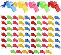 Ruikcoll Pack de 72 silbatos de plástico, Silbato, silbatos Deportivos con Correa para el Cuello, adecuados para Entrenadores, árbitros, Profesores (5 Colores)