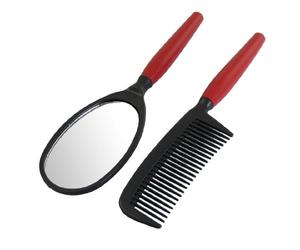 Ruilogod Negro Rojo Plástico Mango Plano Rectangular Peine Espejo Peluquería Set (id:bd 8df 6f 1d8 b19