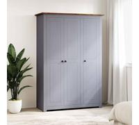 RuiNingRN Armario de 3 puertas gris 118 × 50 × 171,5 cm pino serie Panamá con 4 estantes, barra para colgar, espacio de almacenamiento para dormitorio, habitación de los niños, pasillo, madera maciza