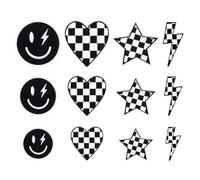 RUISPEED 12 piezas Set de parches en blanco y negro, diseño de tablero, pista de carreras, corazón, estrella, cara sonriente, rayo, para mochila, chaqueta, sombrero, proyectos DIY