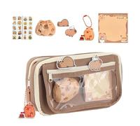 RUISPEED Capybara Estuche de lápices Juego con muñeca de peluche + 20 pegatinas + 2 broches + notas adhesivas + llavero, set de papelería grande de 9 capas Kawaii (Marrón)