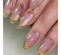 Ruispeed Crystal 3D Ojos de Gato Uñas Adhesivas Almendra Mediana con Diseños, Línea Dorada 3D Uñas Adhesivas Hechas a Mano para Mujeres Reutilizables con Set, Gel Suave Uñas de Arte Acrílico de