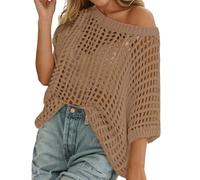 RUITOTP Mujer Cover Up de Ganchillo, Cuello Redondo y Rejilla Chic, Camiseta Punto Casual en Negro, Talla Grande para Playa