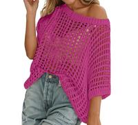 RUITOTP Mujer Cover Up de Ganchillo, Cuello Redondo y Rejilla Chic, Camiseta Punto Casual en Negro, Talla Grande para Playa