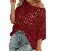 RUITOTP Mujer Cover Up de Ganchillo, Cuello Redondo y Rejilla Chic, Camiseta Punto Casual en Negro, Talla Grande para Playa
