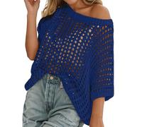 RUITOTP Mujer Cover Up de Ganchillo, Cuello Redondo y Rejilla Chic, Camiseta Punto Casual en Negro, Talla Grande para Playa