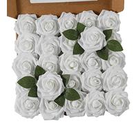 Ruiuzioong Rosa Artificial Flor 25PCS Rosa Falsa Espuma Mirada Real con Hoja y Vástago Ajustable para Bricolaje Ramos de Boda Decoraciones para el Hogar Nupciales (Blanco, 25pcs)