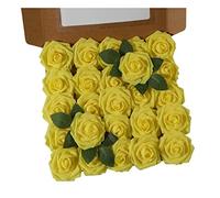 Ruiuzioong Rosa Artificial Flor 25PCS Rosa Falsa Espuma Mirada Real con Hoja y Vástago Ajustable para Bricolaje Ramos de Boda Decoraciones para el Hogar Nupciales (Amarillo, 25pcs)
