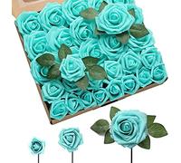 Ruiuzioong Rosa Artificial Flor 25PCS Rosa Falsa Espuma Mirada Real con Hoja y Vástago Ajustable para Bricolaje Ramos de Boda Decoraciones para el Hogar Nupciales (Azul Nepal, 25pcs)