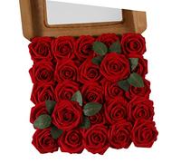 Ruiuzioong Rosa Artificial Flor 25PCS Rosa Falsa Espuma Mirada Real con Hoja y Vástago Ajustable para Bricolaje Ramos de Boda Decoraciones para el Hogar Nupciales (Rojo Vino, 25pcs)