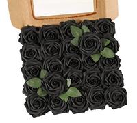 Ruiuzioong Rosa Artificial Flor 25PCS Rosa Falsa Espuma Mirada Real con Hoja y Vástago Ajustable para Bricolaje Ramos de Boda Decoraciones para el Hogar Nupciales (Negro, 25pcs)