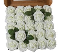 Ruiuzioong Rosa Artificial Flor 25PCS Rosa Falsa Espuma Mirada Real con Hoja y Vástago Ajustable para Bricolaje Ramos de Boda Decoraciones para el Hogar Nupciales (Ivory, 25pcs)