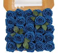 Ruiuzioong Rosa Artificial Flor 25PCS Rosa Falsa Espuma Mirada Real con Hoja y Vástago Ajustable para Bricolaje Ramos de Boda Decoraciones para el Hogar Nupciales (Azul Militar, 25pcs)