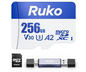 Ruko Tarjeta micro SD de 256 GB con adaptador y lector, A2, Class10, UHS-I U3/V30, 4K UHD, hasta 100 MB/s de lectura, tarjeta de memoria TF para drones U11MINI serie 4K, cámaras, consolas de juegos