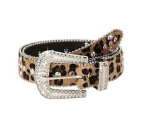 Rulbelok Elegante cinturón de poliuretano con estampado de leopardo, diamantes de imitación brillantes, cierre de hebilla seguro, correa ajustable, accesorio unisex con diamantes de imitación unisex