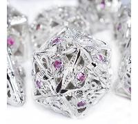 RULE DICE Juego de dados DND de metal, 7 piezas de dados de metal de ojos huecos, 70 piedras preciosas naturales, juego de manos, dados DND de grado coleccionista, adecuado para juegos de rol D&D (piedra preciosa plateada y rosa)