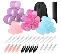 Rulos para el Pelo 50 Piezas - 24 Rulos Autoadhesivos en 4 Tamaños (60/48/36/25mm) con 24 Pinzas de Acero Inoxidable, in Calor para Cabello Largo, Mediano y Corto, Creación de Rulos