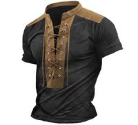 RUMAOZIA Camisa de lino para hombre, cuello en V, estilo medieval, camisa Henley de algodón, retro, de manga corta, tops para renacimiento, pirata, vikingo, verano, vintage, elegante, camiseta con