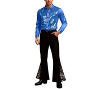 RUMAOZIA Juego de 2 disfraz de discoteca de los años 70 para hombre, estilo retro, con pantalones de lentejuelas, camisa, disfraz ideal para carnaval, festivales y fiestas temáticas, O azul., XL