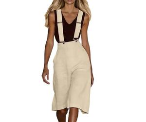 RUMAOZIA Peto para mujer, de verano, hasta la rodilla, con tirantes, de pierna ancha, sin mangas, con tirantes, elegante, holgado, para oficina, con bolsillo, con tirantes, estilo informal, O beige