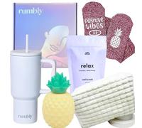 Rumbly Caja de transferencia IVF, juego de regalo de 5 piezas para el día | Bálsamo labial de piña, remojo de baño, vaso, bolsa de preparación de FIV, calcetines de la suerte, regalo maravilloso para