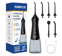 RUMFFLYE Irrigador Dental Portatil Irrigador Bucal Inalámbrico Irrigador Oral Profesional 12 Modos 5 Boquillas Water Flosser IPX7 300ML limpiador dientes agua presion USB Recargable para Viaje y Hogar
